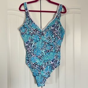 Lilly Pulitzer Araza One Piece Swimsuit Ruffle Light Aqua Spritz Sz 14, EUC